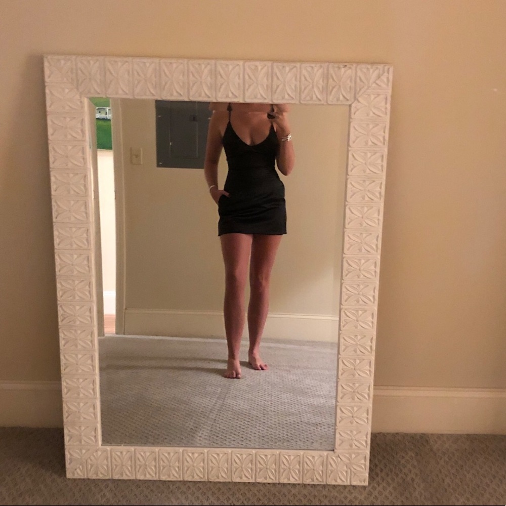 Black spaghetti strap satin dress with pockets!